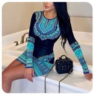 BCBGMaxAzria Black and Blue Long Sleeve Dress